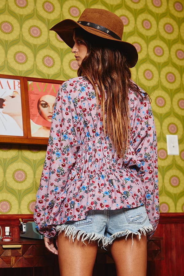 Floral Print Pleating Loose Fit Blouse Top