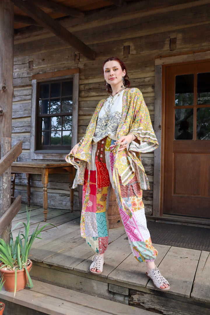 Floral Front Tie Kimono Wrap: Mustard