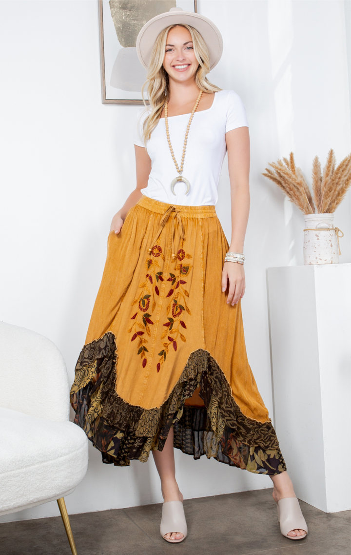 Sale - Rustic Bohemian: Asymmetrical Embroidered Midi Skirt