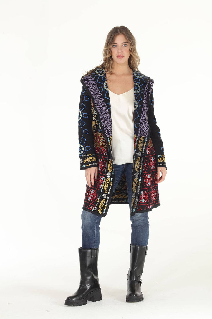 Destiny  Double Face Embroidered Hooded Cardigan: