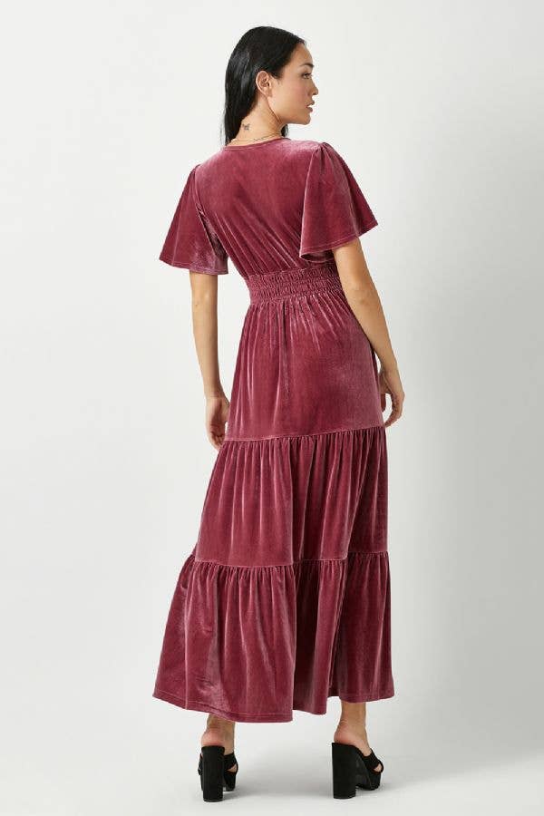 The Victoria Ruffled Velvet Maxi Dress in Raspberry