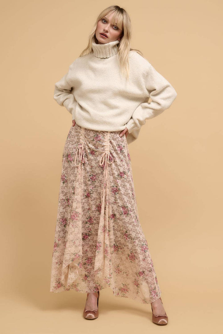 Rose Garden Floral Handkerchief-Hem Lace Maxi Skirt