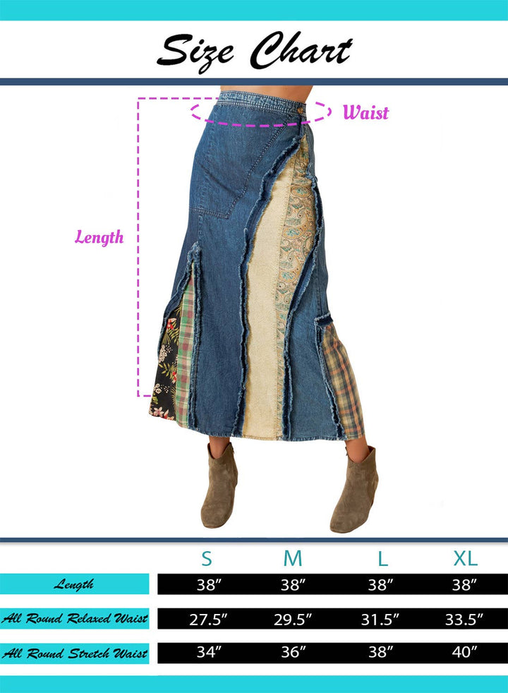 Whimsy Western Boho Chic Patch Inserted Denim Midi Skirt