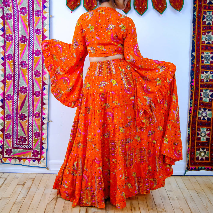 Flowy Silk Tiered Skirt Set with Flare Sleeve Top: Orange / Set of Skirt and Top