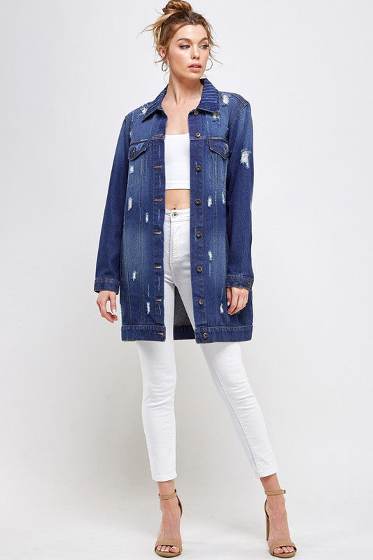Holly Distressed Casual Spring Denim Button Down Jacket