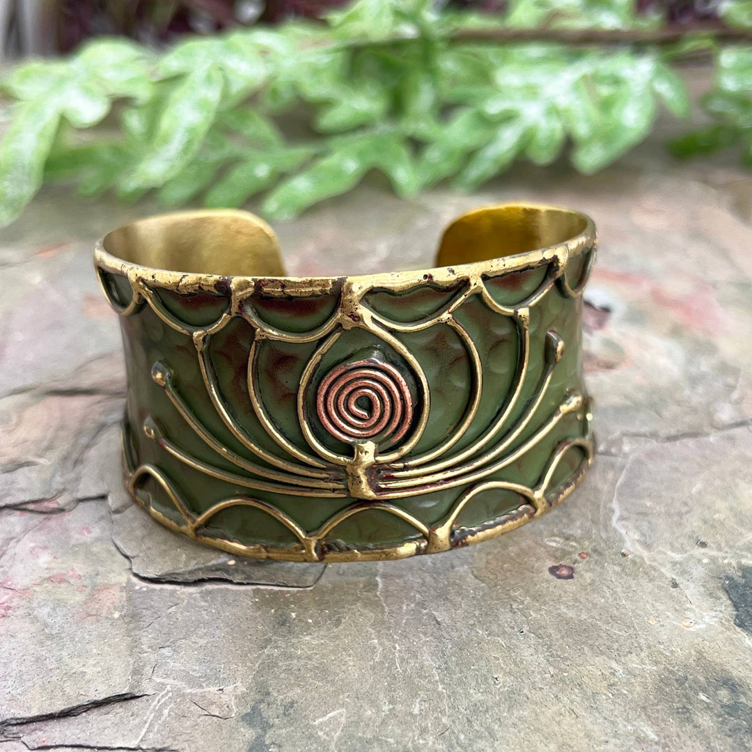 Brass Patina Cuff Bracelet - Green Open Lotus