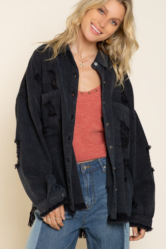 Everleigh Fringe Distressed Oversized Jacket