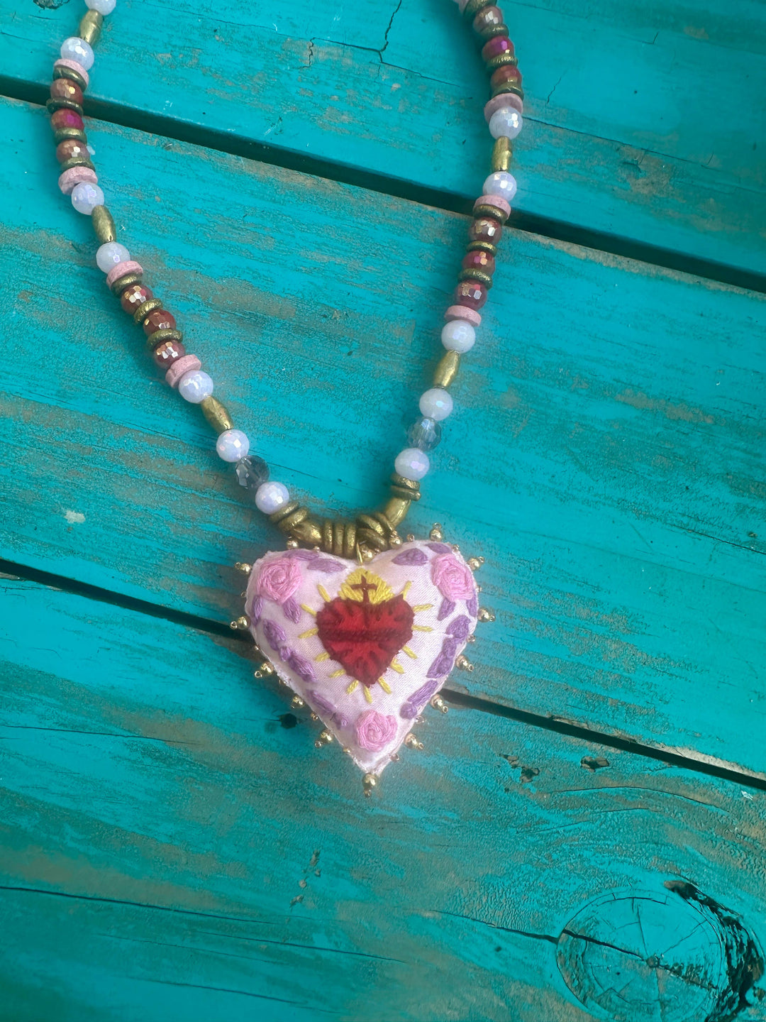 Hand Stitched Pink Heart Pendant