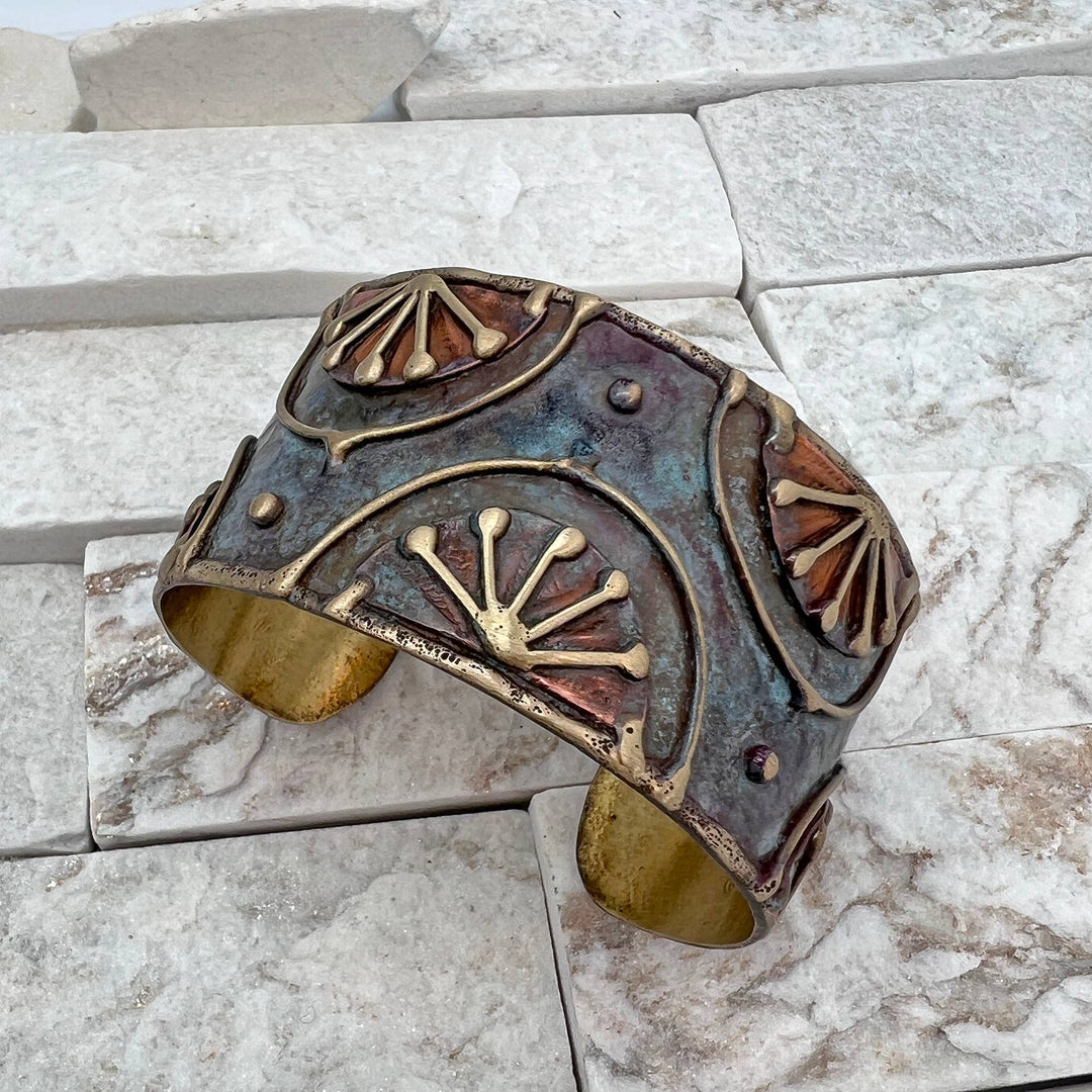 Brass Patina Cuff Bracelet - Rustic Blue Rising Sun