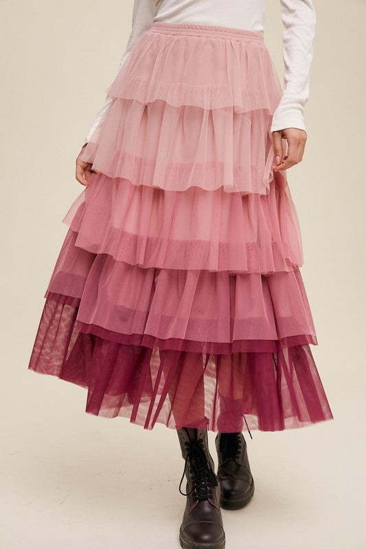 So In Love Gradient Style Tiered Mesh Maxi Skirt