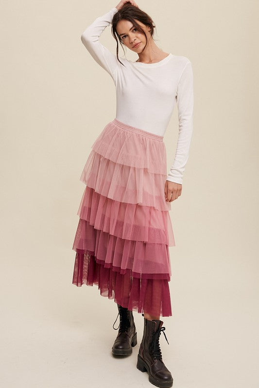 So In Love Gradient Style Tiered Mesh Maxi Skirt