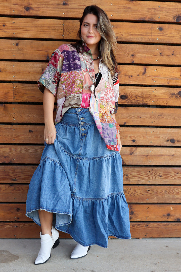 Shelby May 3 Button Tiered Denim Maxi Skirt