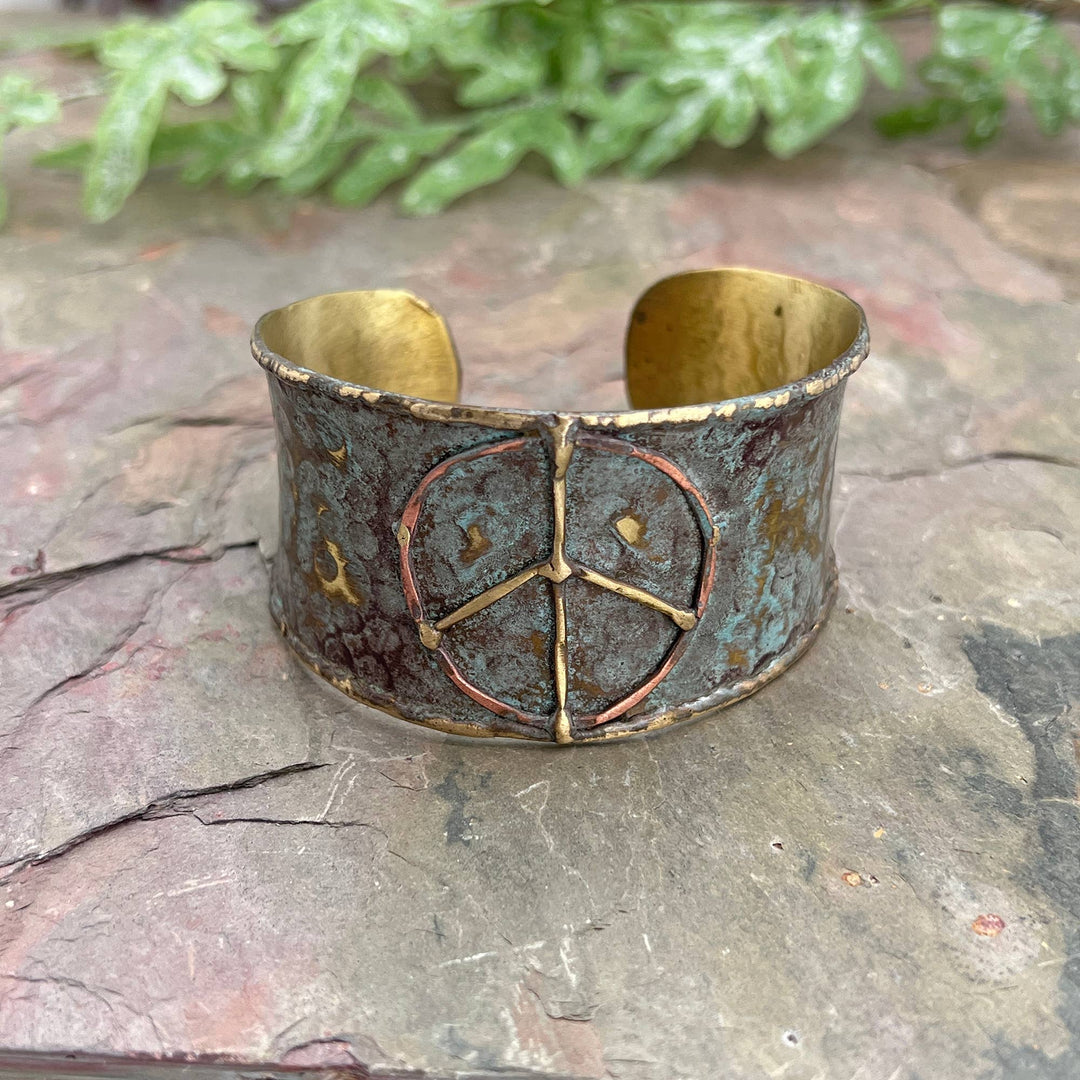 Brass Patina Cuff Bracelet - Rustic Blue Peace Sign