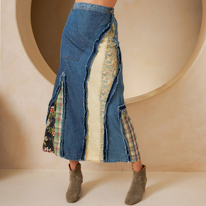 Whimsy Western Boho Chic Patch Inserted Denim Midi Skirt