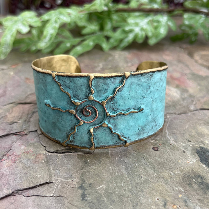 Brass Patina Cuff Bracelet - Light Blue Sun