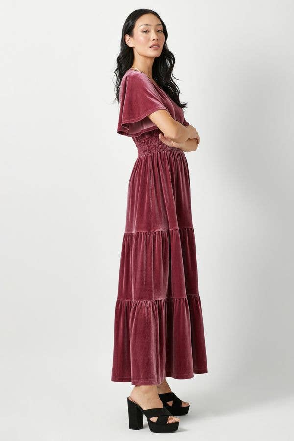 The Victoria Ruffled Velvet Maxi Dress in Raspberry