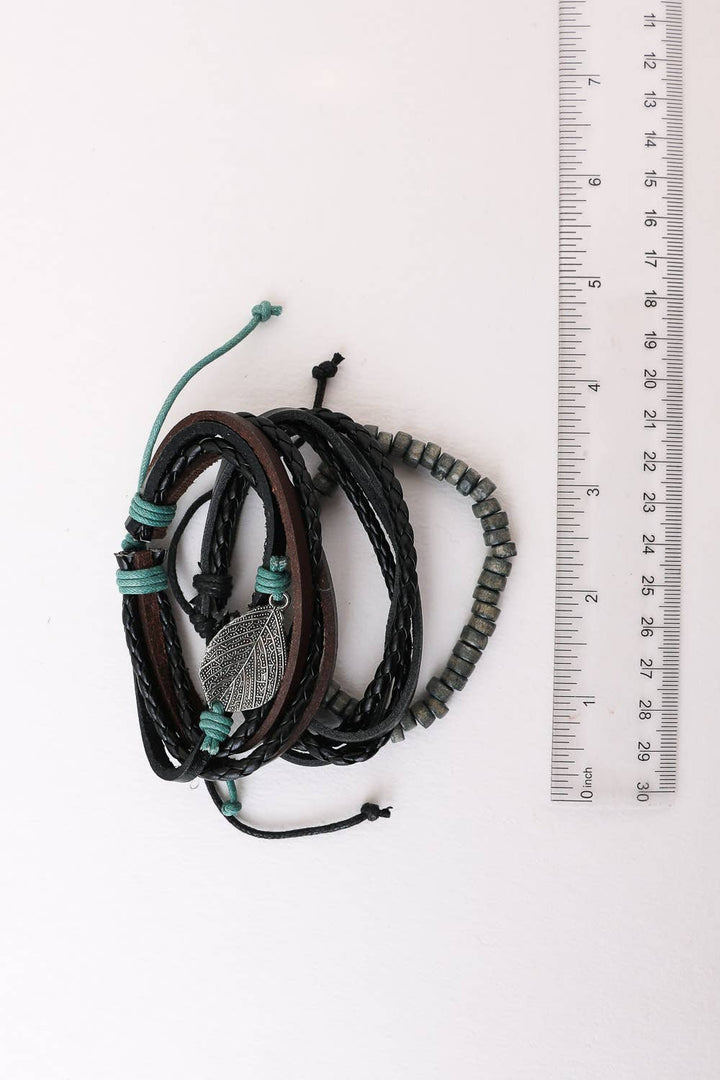 Multi-wrap Leather Braid Bead Bracelet