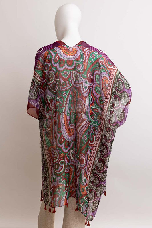 Paisley Print Open Front Kimono w/ Cinched Arms