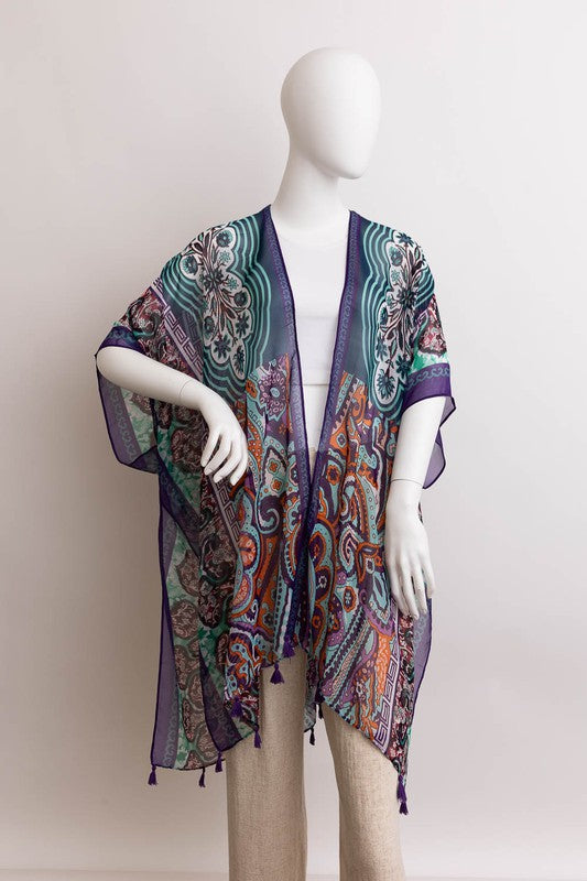 Paisley Print Open Front Kimono w/ Cinched Arms