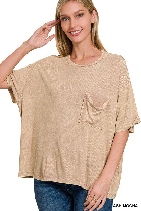 Everlee Washed Ribbed Cuffed Short Sleeve Round Neck Top