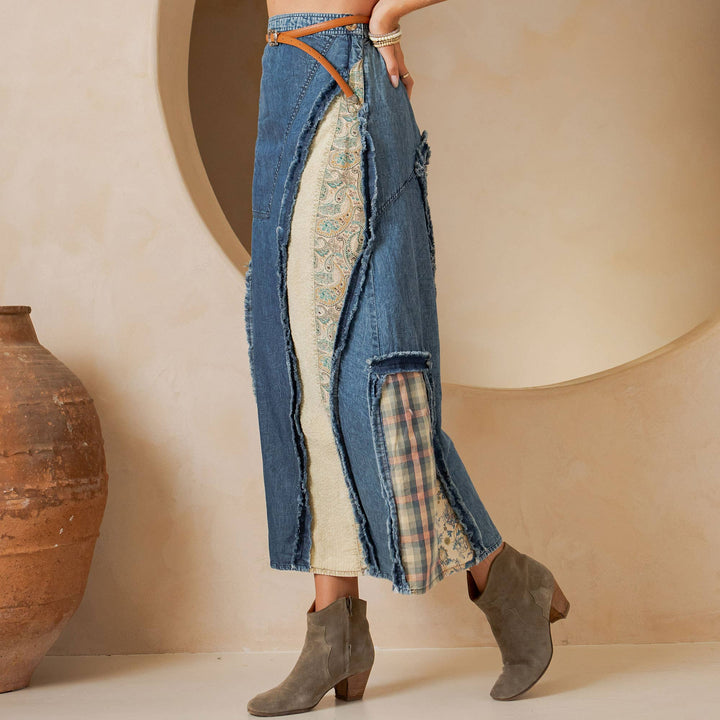 Whimsy Western Boho Chic Patch Inserted Denim Midi Skirt