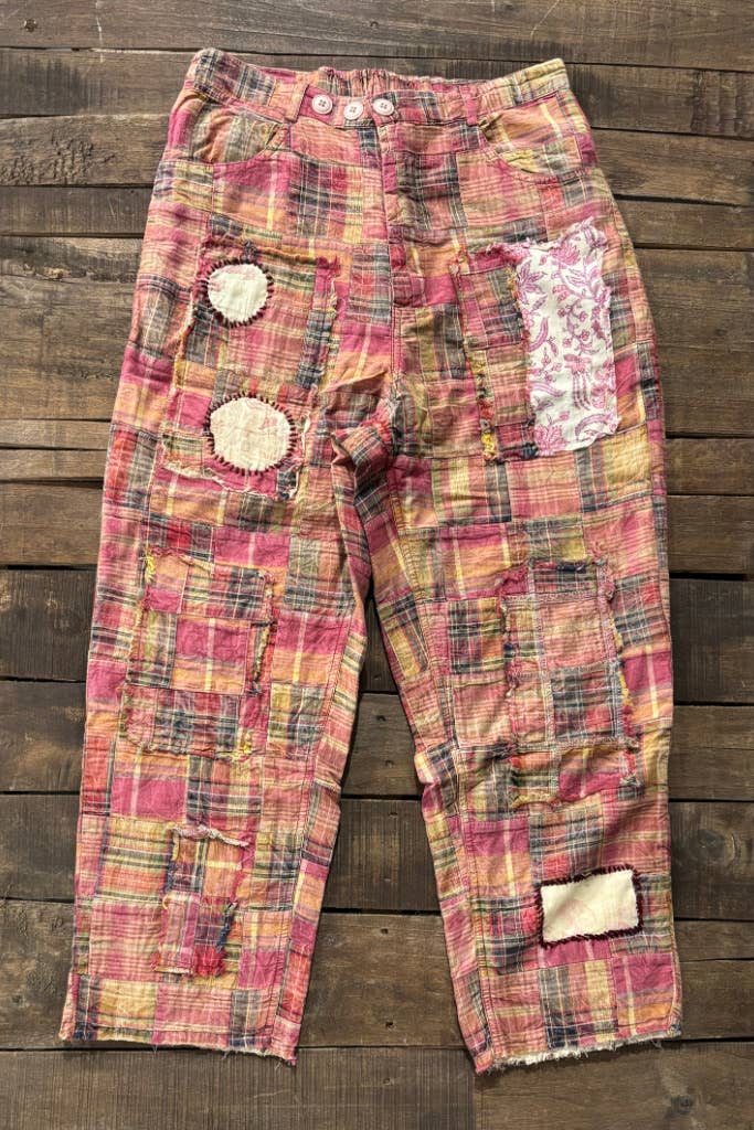 The Boho Patched Traveling on Pants in Red/Navy Plaid