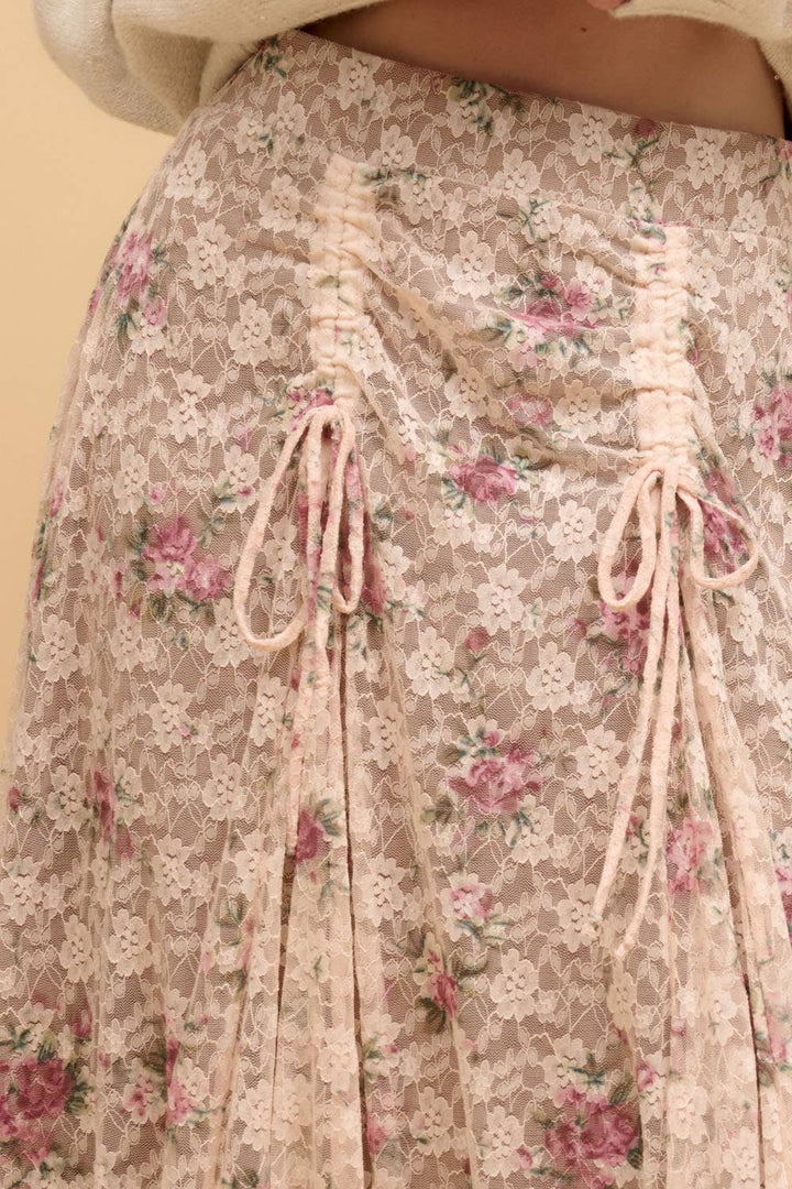 Rose Garden Floral Handkerchief-Hem Lace Maxi Skirt