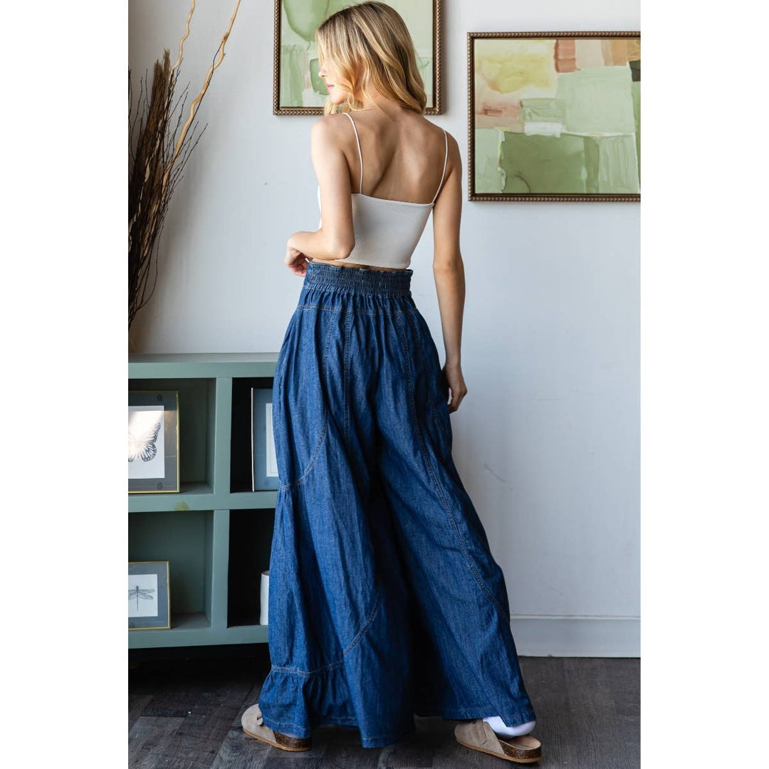 Denim Smocked Back Wide Leg Pant