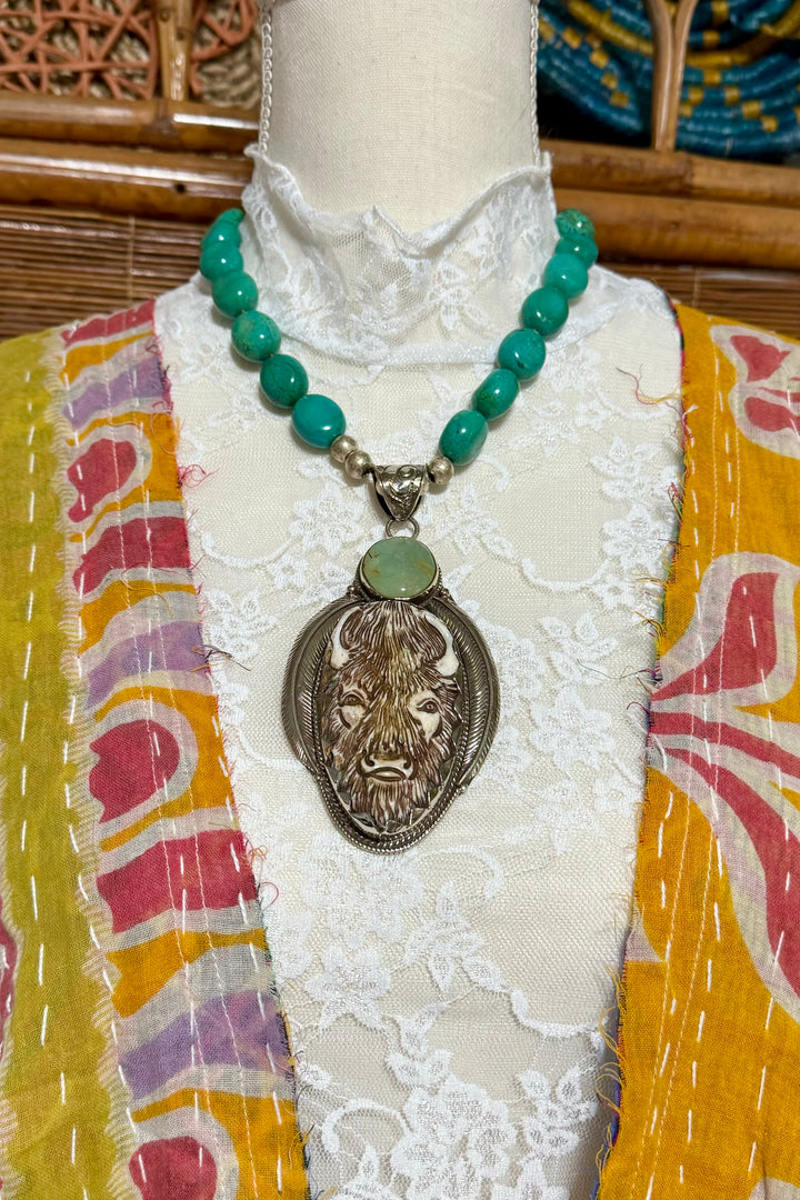 Buffalo Carved Necklace w/ Turquoise