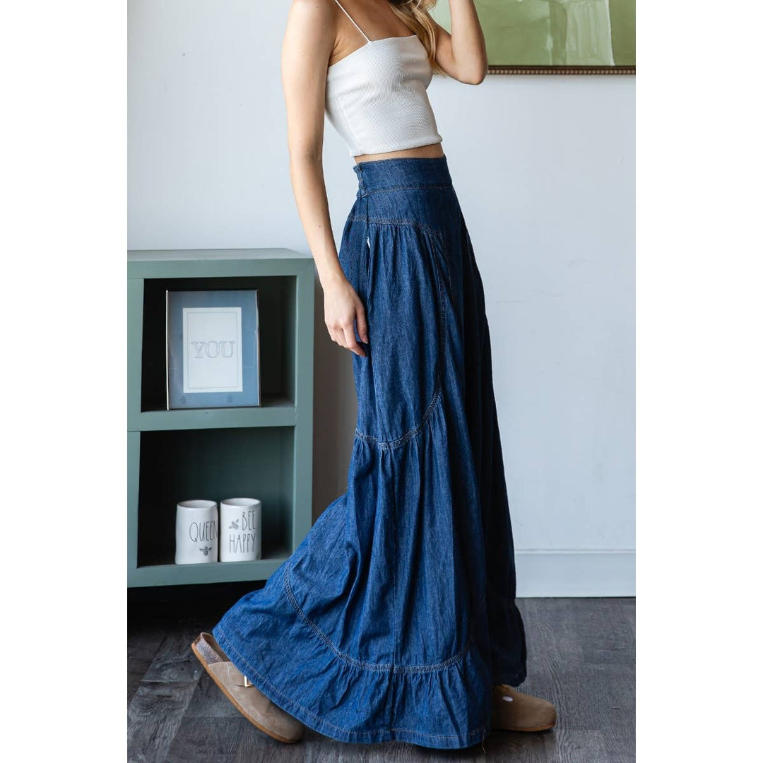 Denim Smocked Back Wide Leg Pant