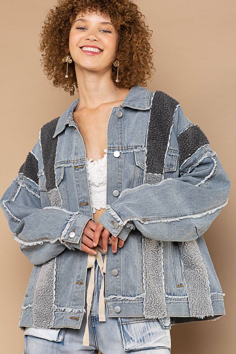 Sale - Contrast fleece detail button down denim jacket