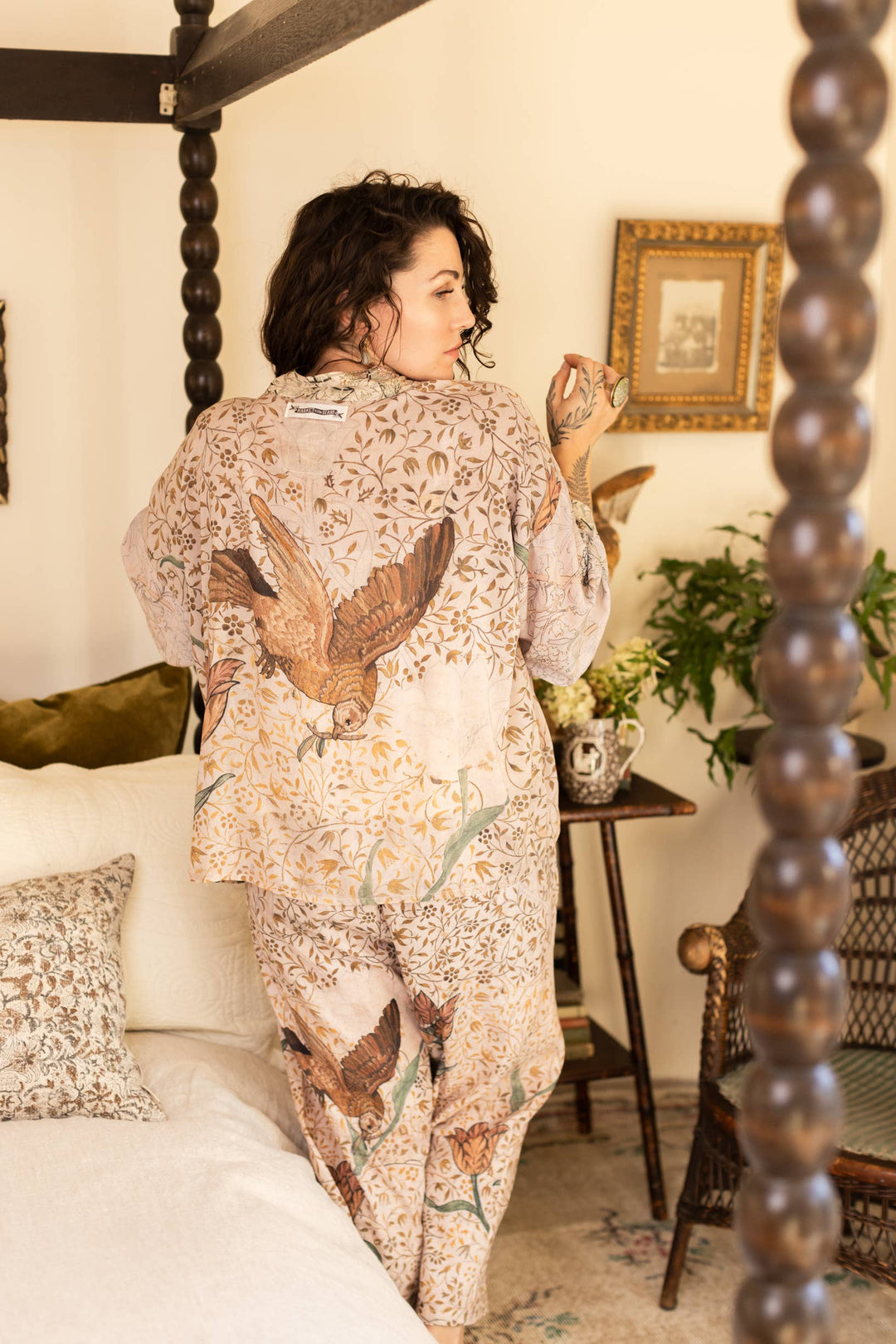 Folklore Bamboo Floral Cropped Kimono with Bird of Peace