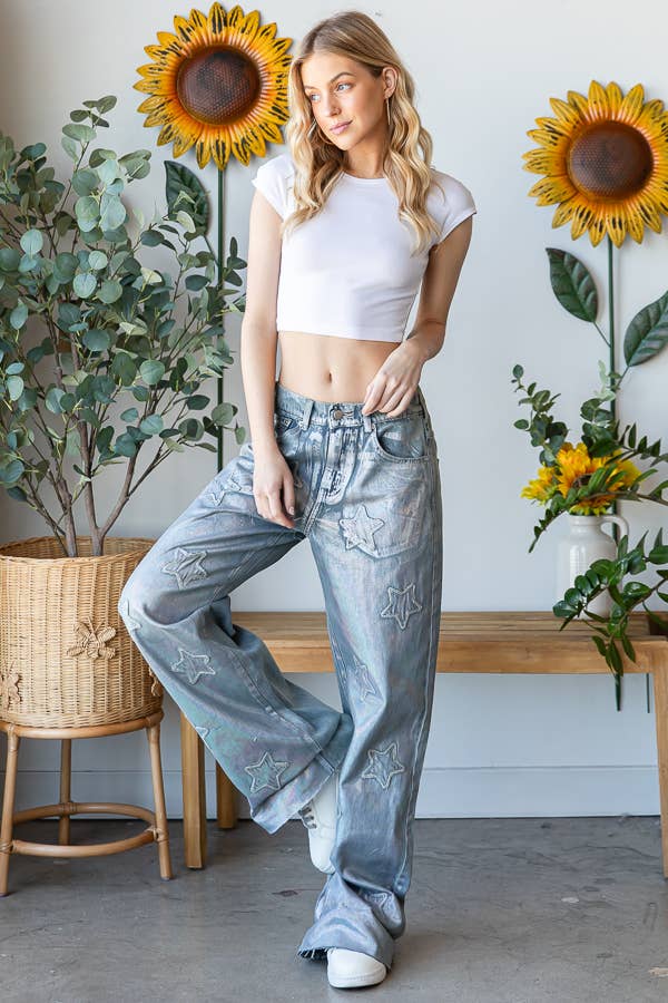 Sale- She's a Star Metallic Sheen Mineral Wash Patched Pant