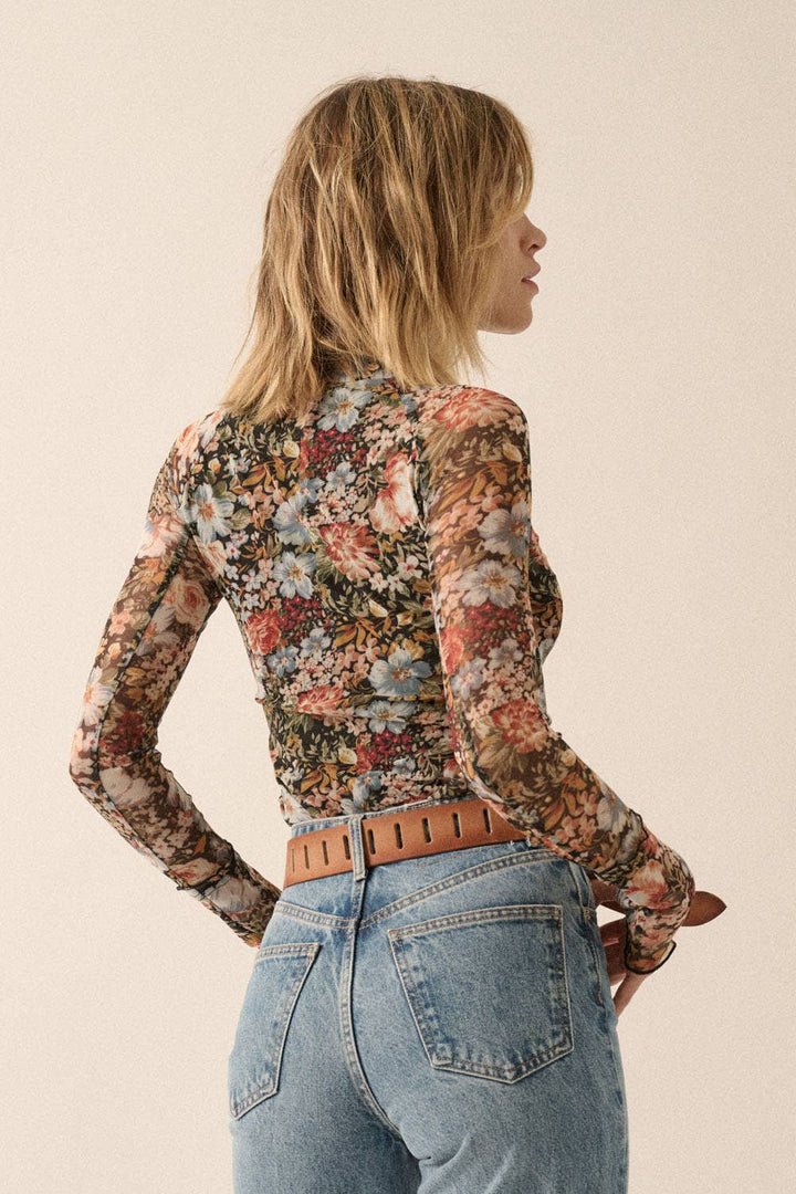 Floral Mesh Long-Sleeve Mock Neck Top