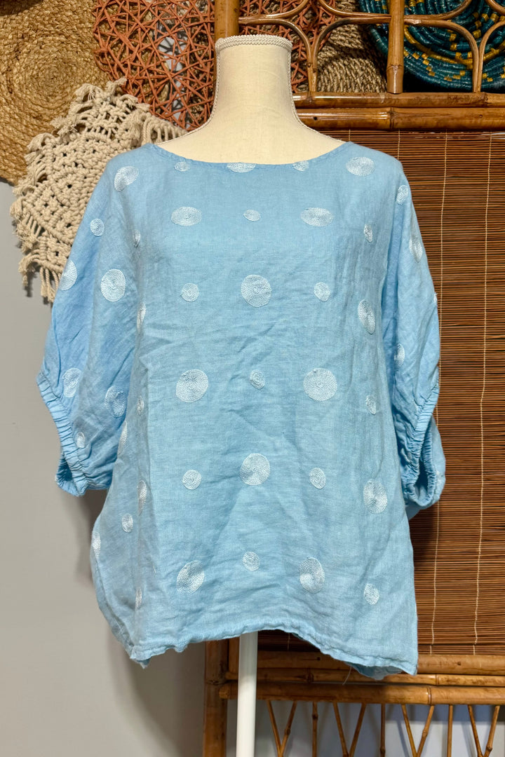 Powder Blues Simple Linen Cinched Sleeve Box Blouse