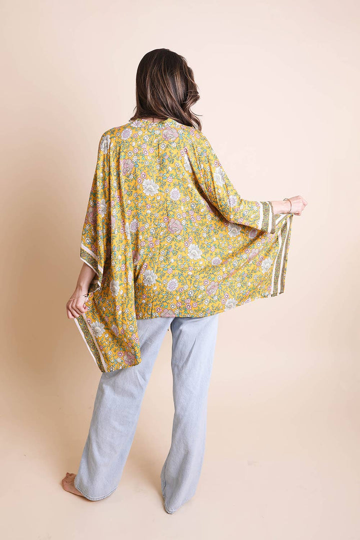 Floral Front Tie Kimono Wrap: Mustard