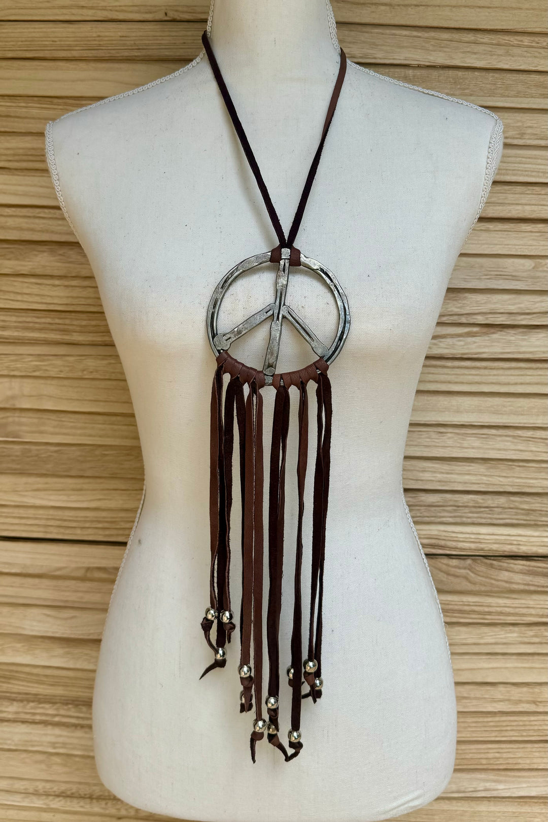 Peace & Love Metal Hammered Peace Sign Necklace on Deer Skin Leather