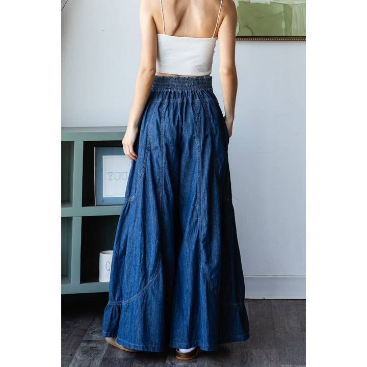 Denim Smocked Back Wide Leg Pant