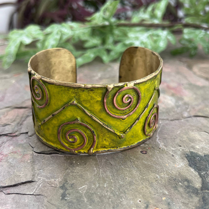 Brass Patina Cuff Bracelet - Lime Green Swirls