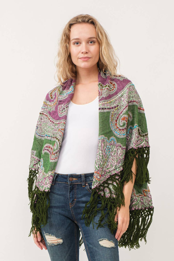 SALE Elie Embroidered Poncho: Sage and Mauve Multi / One Size Fits Most