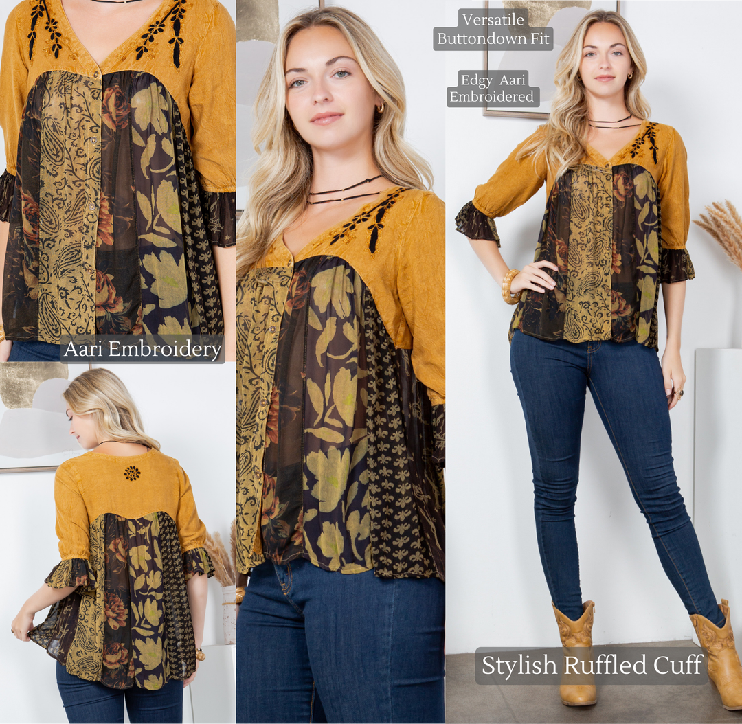 Boho Delight Overdyed Rayon V-Neck Top