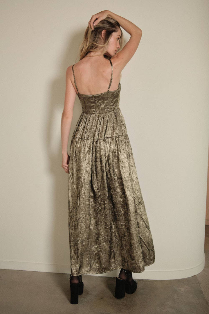 Sale - Check Mate Textured Metallic Fit-and-Flare Corset Maxi Dress