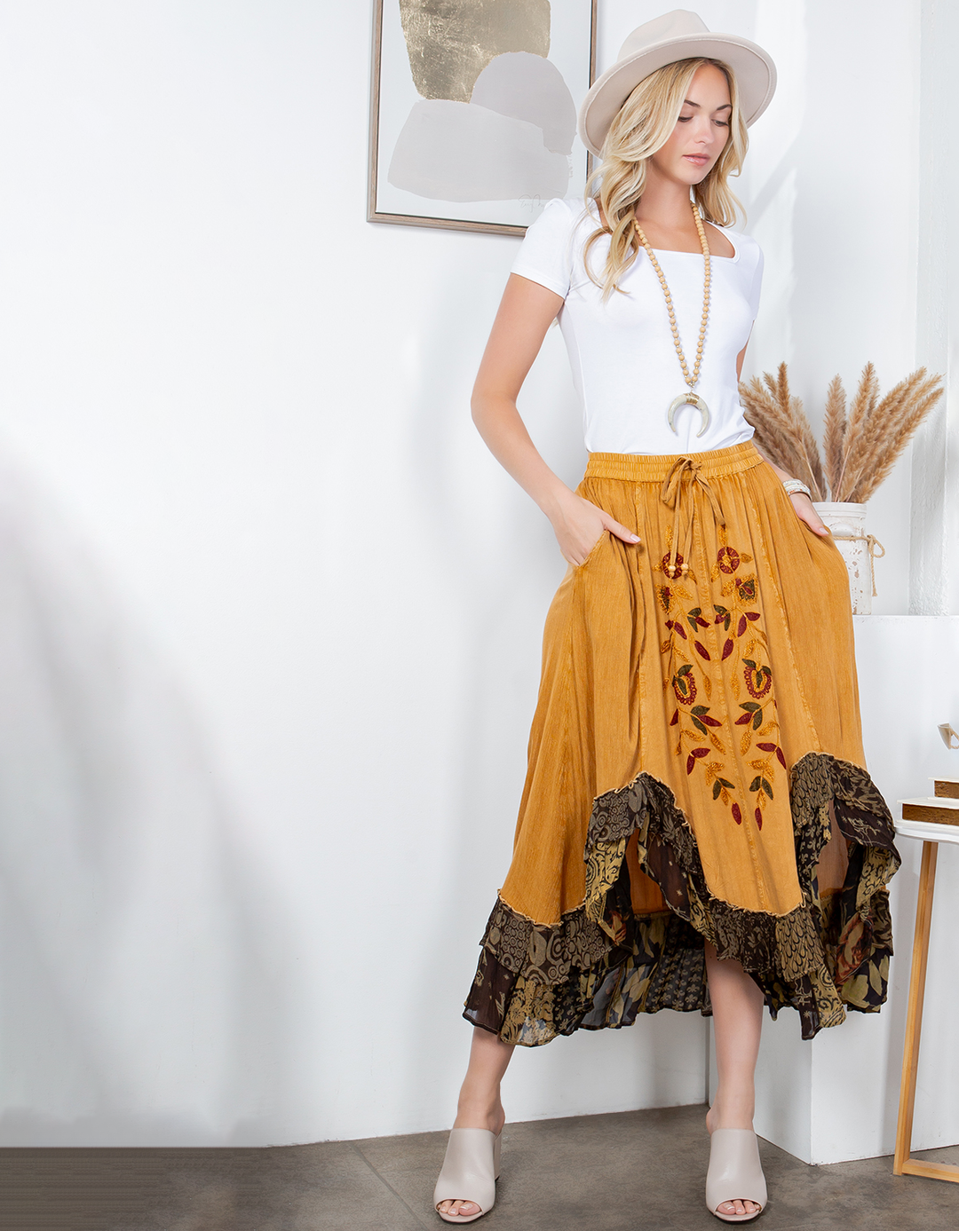 Sale - Rustic Bohemian: Asymmetrical Embroidered Midi Skirt