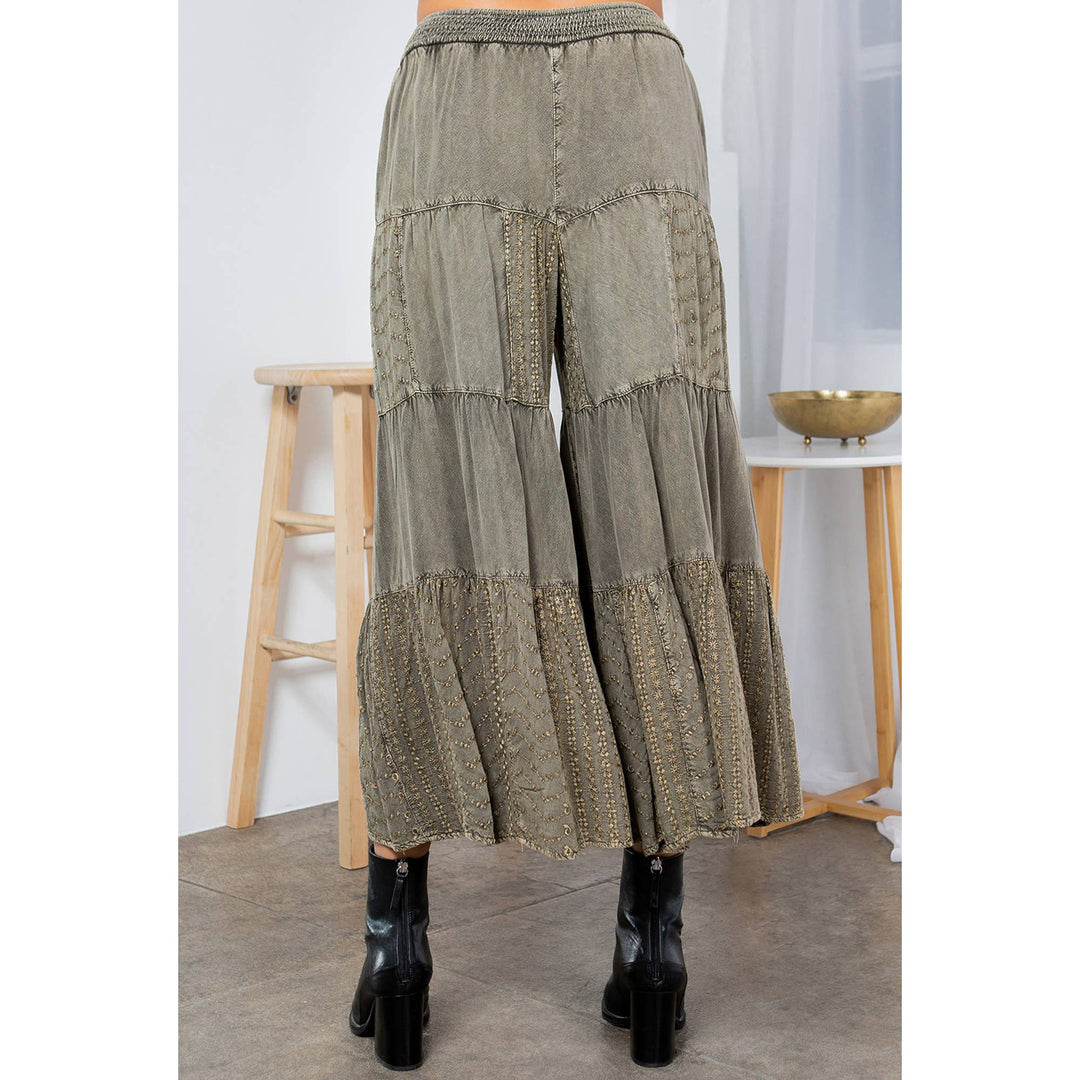 Embroidered Patchwork Tiered Flared Pants With Smocked Waist