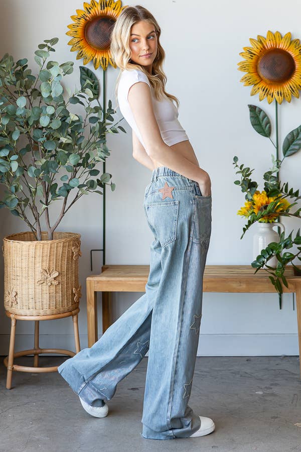 Sale- She's a Star Metallic Sheen Mineral Wash Patched Pant