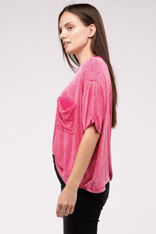 Everlee Washed Ribbed Cuffed Short Sleeve Round Neck Top