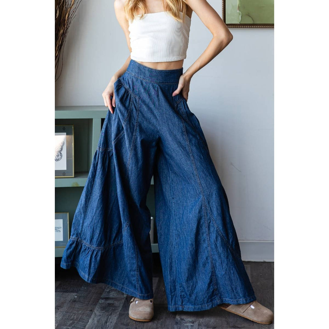 Denim Smocked Back Wide Leg Pant