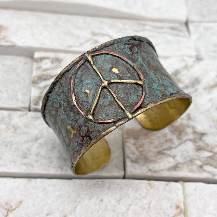 Brass Patina Cuff Bracelet - Rustic Blue Peace Sign