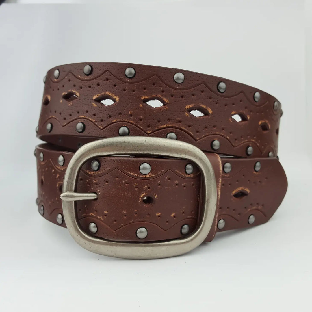 Vintage Hand Distressed Leather Studded Belt