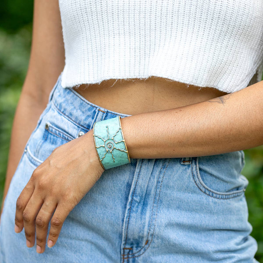 Brass Patina Cuff Bracelet - Light Blue Sun